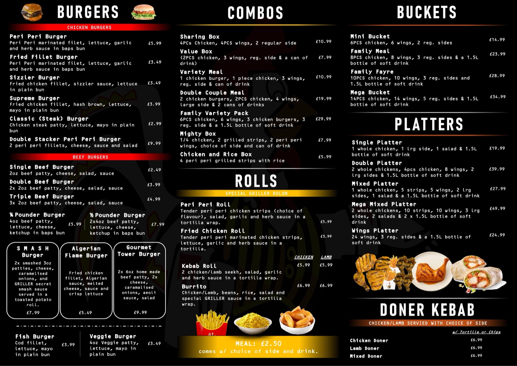 Menu board: burgers, combos, buckets, platters and doner kebab